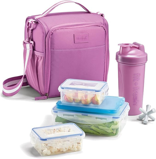 Fit & Fresh BREE FitPak Meal Prep Lunch Box With Containers, Ice Pack, and Shaker Bottle For Men and Women, 6pc. Meal Prep Kit Lunch Bag With Containers Included, Mauve