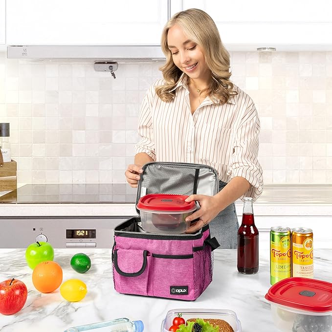 opux Insulated Lunch Bag for Men Women, Leakproof Heather Pink Lunch Box for Work, Portable Soft Lunch Cooler Bag with Shoulder Strap, Adult Lunchbox Lunch Pail for Kid Boy Girl School, 14 Can/8L