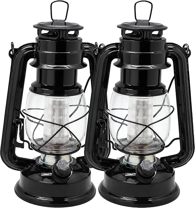 YAKii LED Vintage Metal Hanging Hurricane Lantern - 12 LED Dimmer Switch, Cold White, Battery Operated for Power Outage, Indoor Camping, Outdoor Brooklyn Lighting (Black 2 Pack)