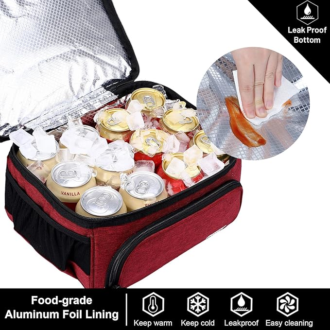 MIER Dual Compartment Lunch Bag Tote with Shoulder Strap for Men and Women Insulated Leakproof Cooler Bag, Dark Red