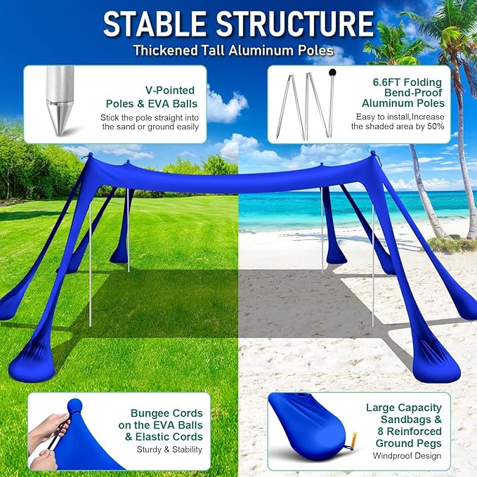 Beach Tent Sun Shelter Beach Canopy Tent Sun Shade Pop Up 10x10 UPF50+ with 8 Sandbags-2 Sand Shovel-Portable 4 Aluminum Poles-Ground Pegs-Easy Setup for Outdoor Family Camping Fishing Picnic