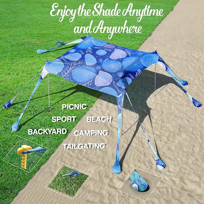 Rhino Valley Beach Tent Sun Shelter, 10x10FT Beach Canopy Tent Sun Shade UPF50+ Protection with 8 Sandbags 4 Stability Poles, Outdoor Beach Shade Canopy 6-8 People for Beach Camping Fishing