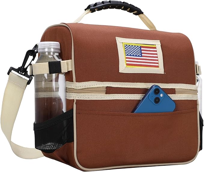 MIER 2 Compartment Lunch Bag Tote with Shoulder Strap for Men and Women Insulated Leakproof Cooler Bag, Khaki