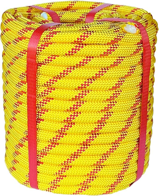 Climbing Rope 1/2 in x 100 Ft Yellow Bull Rope Polyester Braided Arborist Rope 1/2 inch 48 Strands 100ft for Tree Pulling,Nautical Rigging Rope Swing