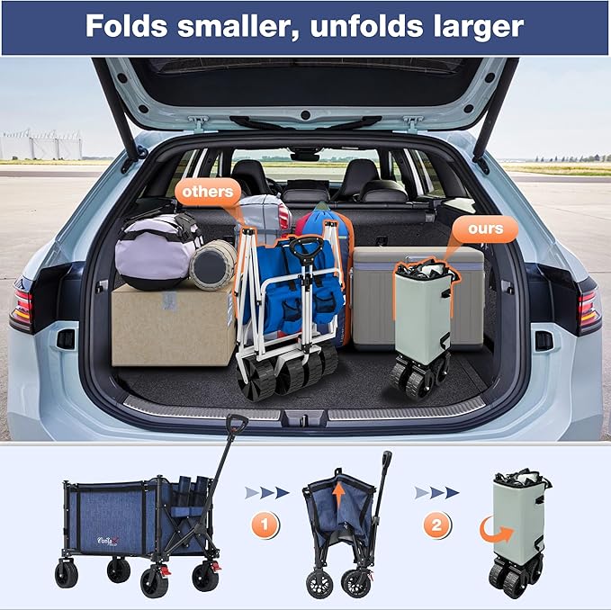 Collapsible Wagon Cart Foldable with Big Wheels Brakes, 250lbs Folding Utility Lightweight Garden Wagon, Portable Grocery Cart for Camping Shopping Sports Pets, Blue