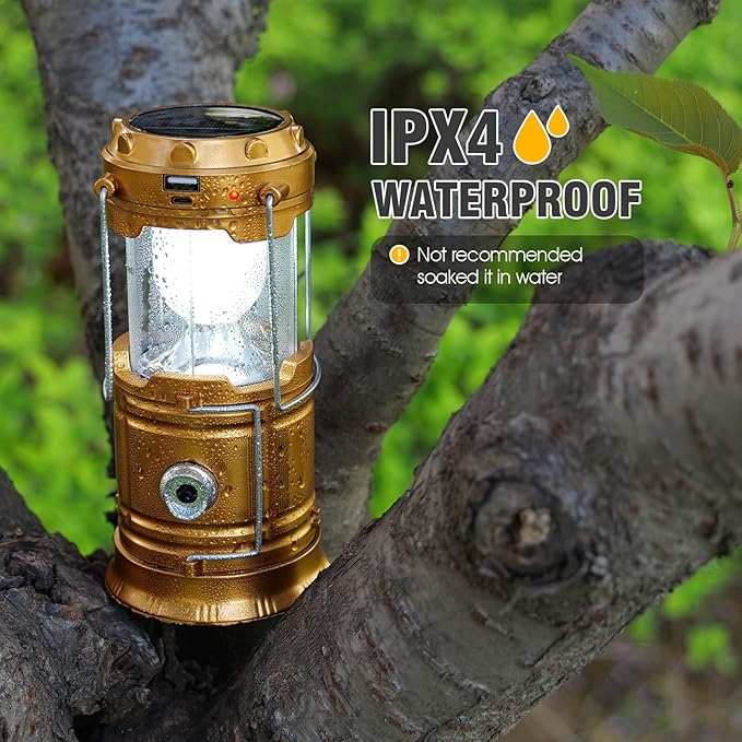 Solar Camping Lantern for Power Outages - USB Rechargeable Lamp Camping Essentials，Collapsible Waterproof Solar Lights for Indoor Outdoor Emergency Light/2 Packs/Gold