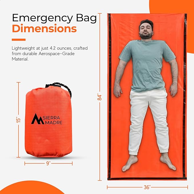 Sierra Madre Emergency Sleeping Bag – Ultralight, Waterproof Mylar Thermal Bivy Sack Tent for Hiking, Bug-Out Bags, Survival Kits – Emergency Survival Space Blanket for Heat Retention 5 Pack