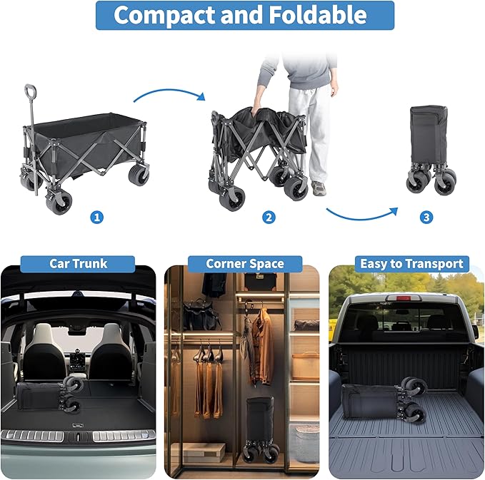 YSSOA Collapsible Folding Wagon Cart, Beach Wagon for Sand with Big Wheels, Heavy Duty Foldable Utility Wagon, Portable Garden Cart with Adjustable Handle, Foldable Grocery Wagon for Camping Sports