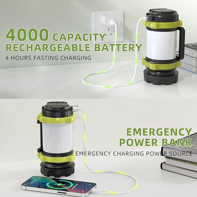 Camping Lantern Rechargeable, Alpswolf Camping Flashlight 4000 Capacity Power Bank,6 Modes, IPX4 Waterproof, Led Lantern Camping, Hiking, Outdoor Recreations Green 4 Pack
