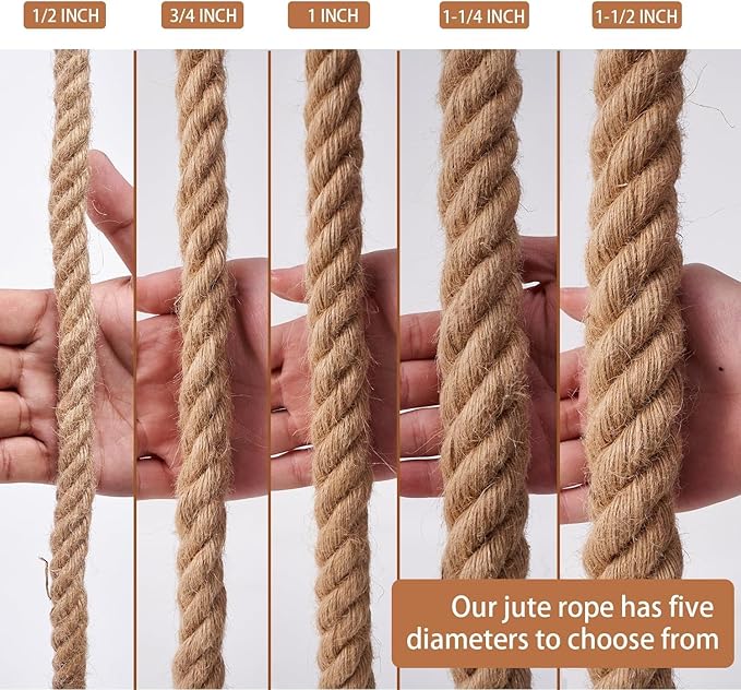 Rope 1-1/4 Inch 50 Feet, Heavy Duty Rope, Twisted Manila Hemp, Natural Jute for Tug of War, Construction, Rigging, Climbing, Crafting, Tree Work, Farm Decor, Outdoor Use