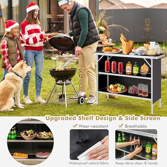 Goplus Folding Camping Table, Foldable Camp Table with 2-Tier Storage Shelves, Removable Cloth Cover, Aluminum Portable Pop-Up Bar Table for Picnic, Tailgate, Party, Travel, Outdoor