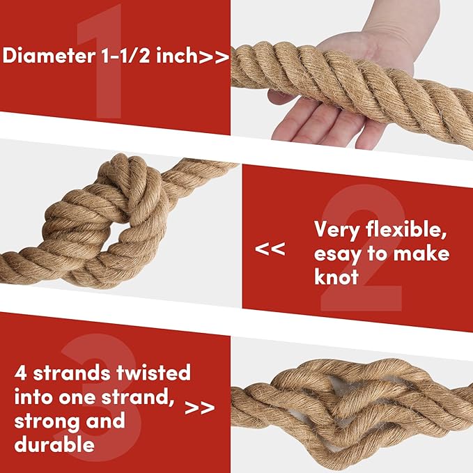 Twisted Manila Rope 1.5 in x 100 feet Natural Hemp Rope for Docks Railing Nautical Landscaping Crafts Tug of War Marine Tie-Downs Hammock Home Decorating