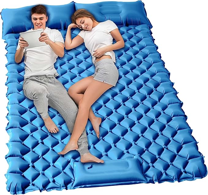 Double Sleeping Pad for Camping, 2 Person Ultralight Inflatable Sleeping Mat with Pillow and Built-in Foot Pump, Portable Camping Mattress for Tent, Backpacking, Hiking, Traveling（Blue