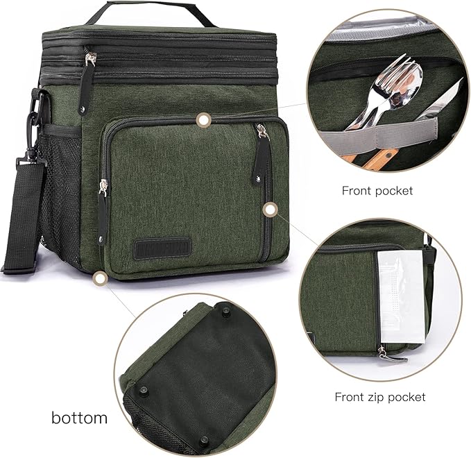 Men's and Women Double Compartment Lunch Bag, Insulated Lunch Cooler Tote 2 Roomy Large Reusable Water-resistant Lunch Box (Green)