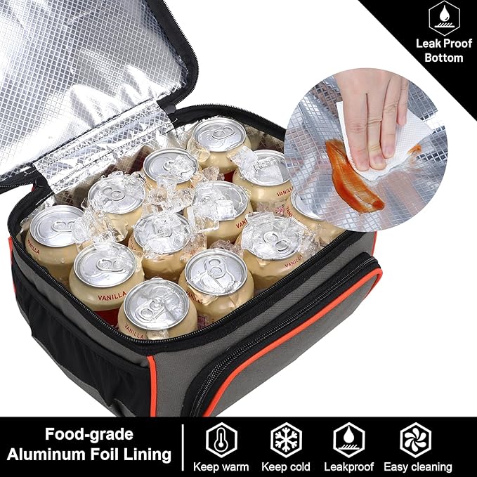 MIER 2 Compartment Lunch Bag Tote with Shoulder Strap for Men and Women Insulated Leakproof Cooler Bag, Grey/Orange