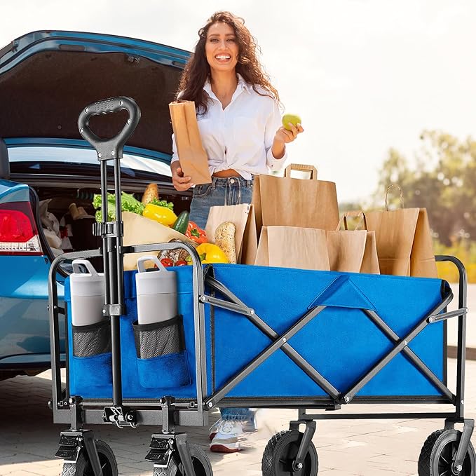 Collapsible Wagon Cart Foldable, 35" L Folding Beach Wagon with All-Terrain Wheels, Heavy Duty Shopping Cart with 350lbs Large Capacity, Portable Camping Wagons Carts for Grocery Garden, Blue
