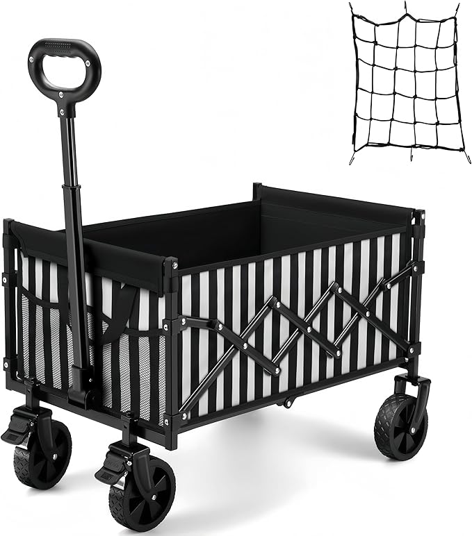 CAMTOP Collapsible Wagon Cart Foldable Wagon Portable Heavy Duty Folding Wagons with Braking Wheels Lightweight Outdoor Utility Wagon for Shopping, Sports, Camping, Garden, Grocery, Beach (Stripes)
