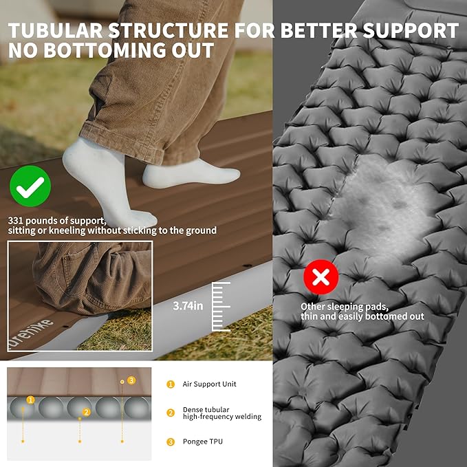 Naturehike Camping Sleeping Pad, Ultralight Inflatable Sleeping Mat with Pillow Built-in Foot Pump, 2.6 Inch Lightweight Air Mattress for Backpacking, Hiking, Traveling (Brown)