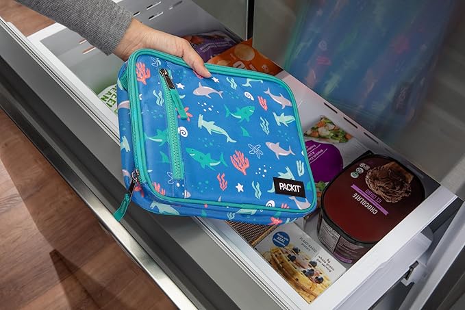 PackIt®️ Freezable Classic Lunch Box, Sea Shark, Built with ECOFREEZE® Technology, Collapsible, Reusable, Zip Closure With Zip Front Pocket and Buckle Handle, Designed for Fresh Lunch On the Go