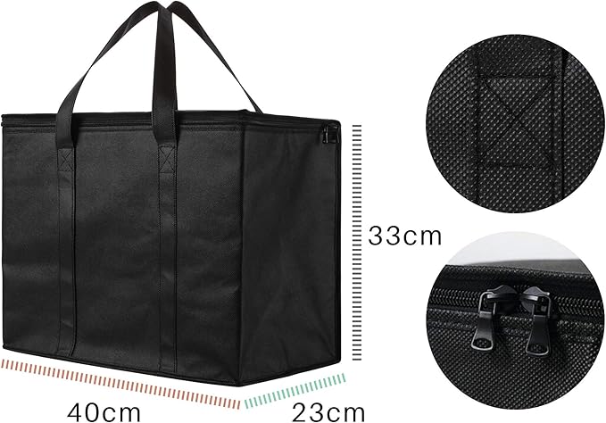 NZ home Insulated Cooler Bag and Food Warmer (XL Plus, 2 Pack) for Delivery & Grocery Shopping with Zippered Top, Black