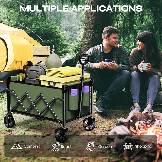 Collapsible Wagon Cart Foldable with 220lbs Weight Capacity, Lightweight Portable Folding Grocery Shopping Cart with Wheels for Camping Sports Beach and Shopping, ArmyGreen