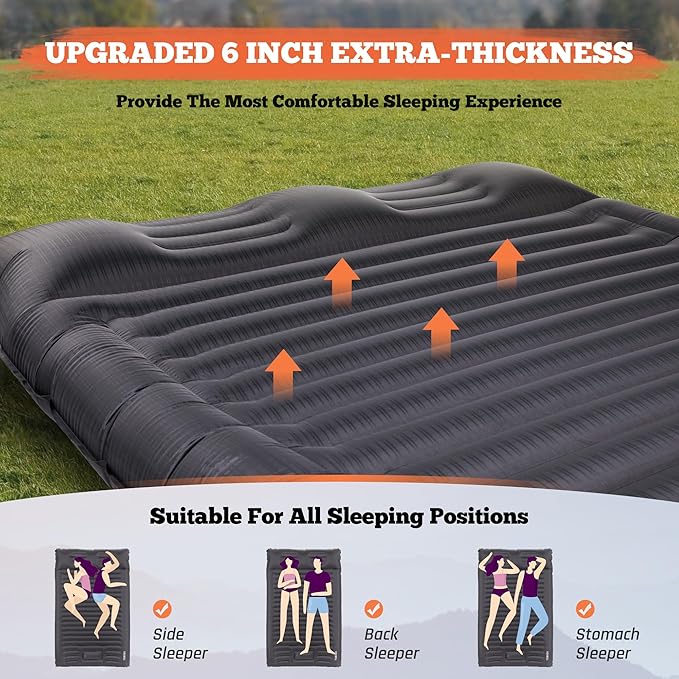 TOBTOS Double Sleeping Pad for Camping, Extra Thick 6" Camping Mattress 2 Person with Pillow Built-in Foot Pump, Inflatable Sleeping Mat for Backpacking, Hiking, Traveling (Dark Grey)