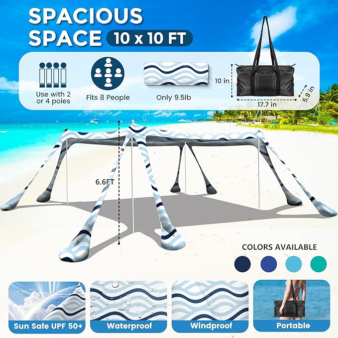Beach Canopy Beach Tent Pop Up Shade 10x10ft Sun Shelter UPF50+ with 8 Sandbags-2 Sand Shovel-4 Aluminum Poles-Ground Pegs-Portable Carrying Bag for Outdoor Family Camping Fishing Yard Picnic