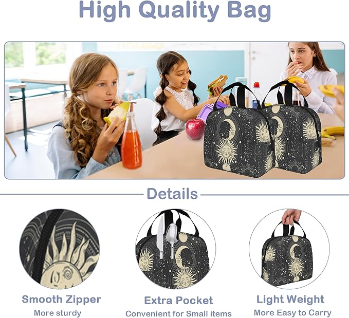 Insulated Lunch Bag, Gold Sun Moon Lunch Box for School Student Kids Boys Girls,Leakproof Small Lunch Tote for Adult Men Women,Reusable Lunch Cooler Tote Bag for Office Work Picnic