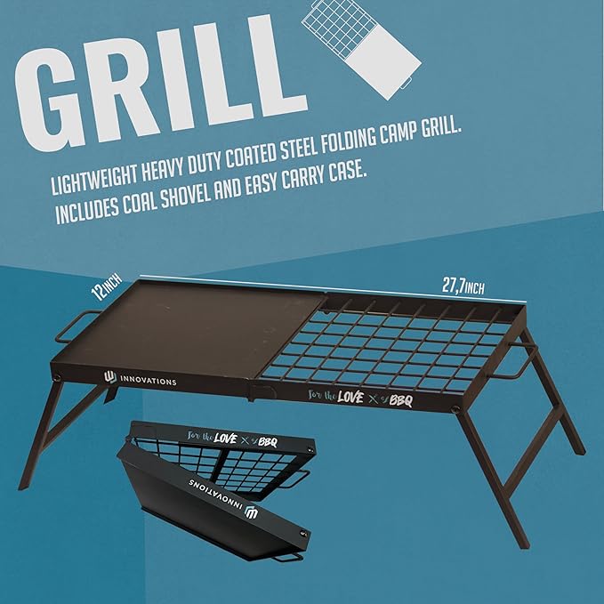 Fire Pit Grill - Folding Campfire Grill with Folding Design for Compact Storage, Grate, Griddle and Shovel for Versatile Campfire Cooking, Firepit for Outside