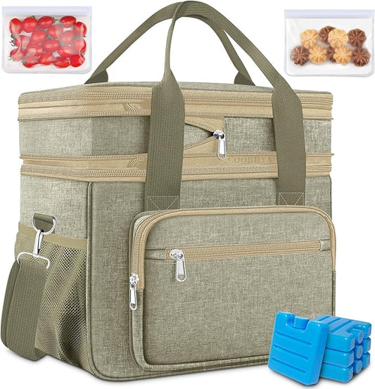 Expandable Insulated Large Cooler Lunch Box for Men 23L Heavy Duty Double Deck Leakproof Lunch Bag with 4 Ice packs&8 Snack Bags for Adult/Construction/Women/Work/Picnic/Camping -Khaki
