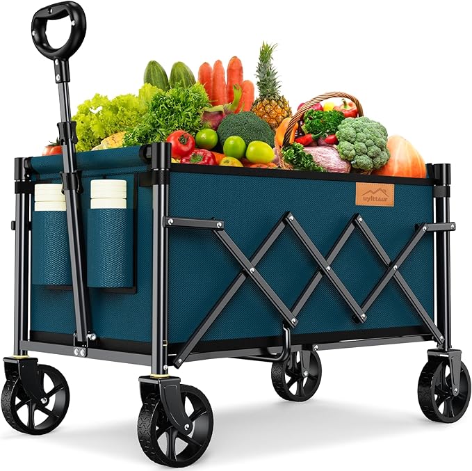 Collapsible Wagon Cart Foldable with 220lbs Weight Capacity, Lightweight Portable Folding Grocery Shopping Cart with Wheels for Camping Sports Beach and Shopping, Blue