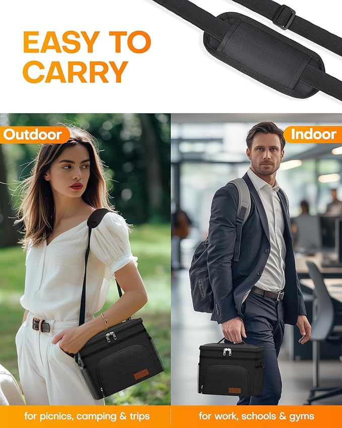 HOTOR Insulated Lunch Box for Men & Women - Leak-Proof Cooler Lunch Bag with 4 Pockets, Adjustable Strap, Ideal for Work, Picnic, Travel - Large, Black, 13.0"×7.9"×9.1"