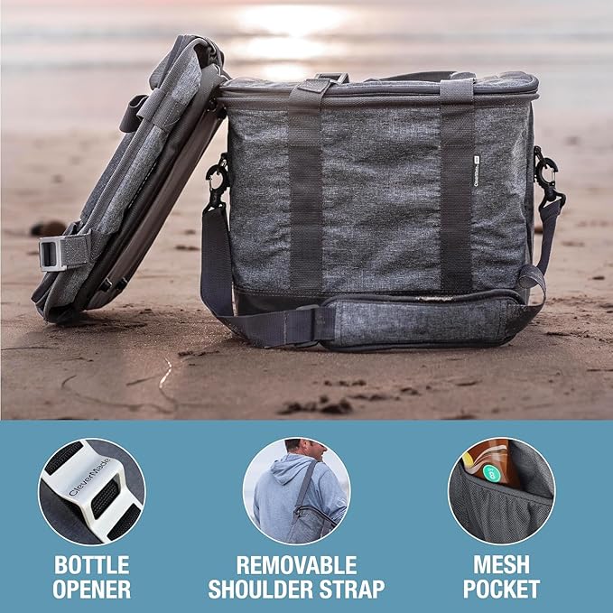 CleverMade Collapsible Insulated Cooler Bag – 30 Can Leakproof Soft Cooler for Beach, Travel, Car – Shoulder Strap, Bottle Opener - Heather Cool Gray/Shadow Gray