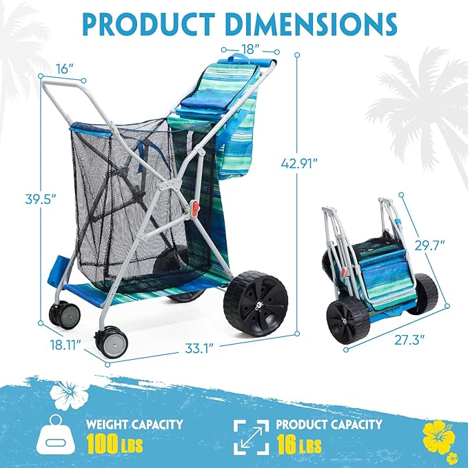 Beach Cart with Big Wheels for Sand, Collapsible All-Terrain Beach Wagon with Cooler Bag & Umbrella Holder, Large Mesh Storage, Supports 100lbs for Camping, Outdoor, Shopping, Blue