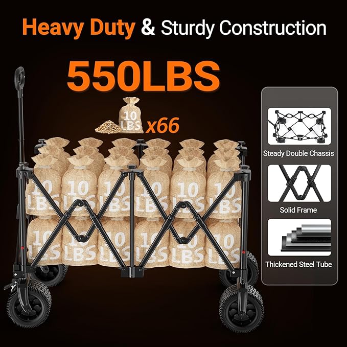 300L Wagons Carts Foldable with 550lbs Weight Capacity, Heavy Duty Folding Utility Garden Cart with Large All-Terrain Beach Wheels & Drink Holders -Perfect for Camping,Beach, Shopping