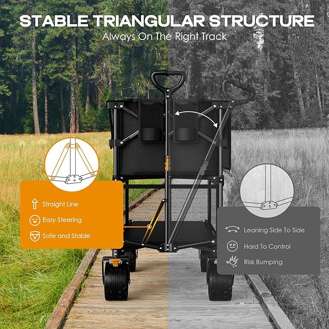 Foldable 50''L Extra Long Double Decker Wagon for Sport, 400L Collapsible Heavy Duty Wagon Cart with Big Wheels, Utility All-Terrain Large Extender Cart for Outdoors