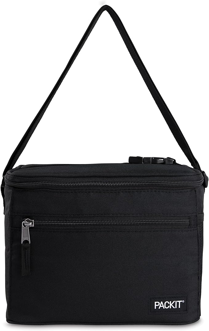PackIt Freezable Essential Cooler, Black, Built with ECOFREEZE Technology, Fully Freezable, Collapsible, Reusable, With Removable Crossbody Strap, Top Clip Handle, Designed for Fresh Office