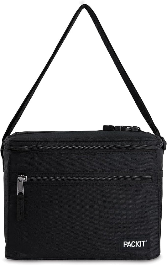 PackIt Freezable Essential Cooler, Black, Built with ECOFREEZE Technology, Fully Freezable, Collapsible, Reusable, With Removable Crossbody Strap, Top Clip Handle, Designed for Fresh Office