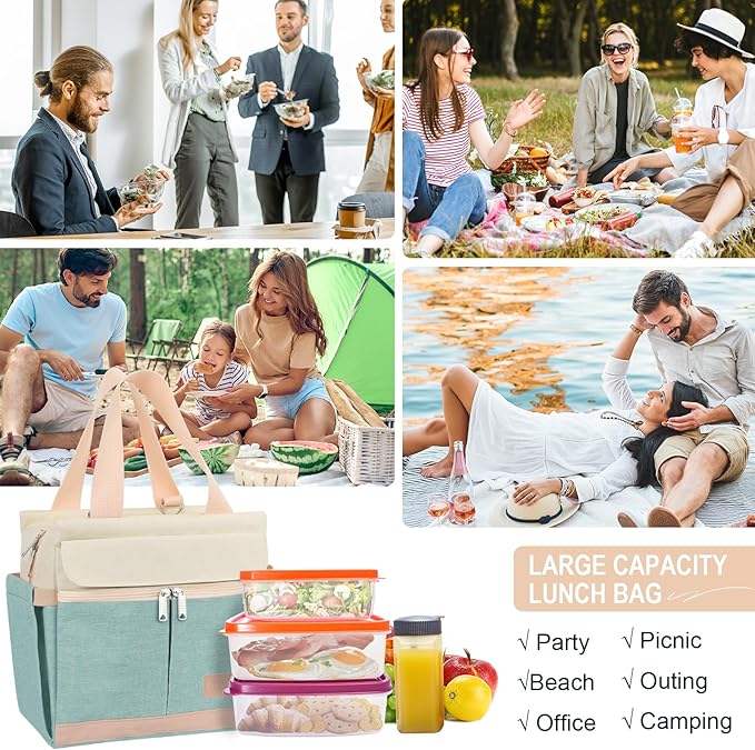 Joymee Lunch Box for Women Insulated Lunch Bag with Shoulder Strap Reusable Leakproof Large Spacious Lunch Cooler Tote for Women Adult with Bottle Holder and Side Pockets for Work - Heather Teal