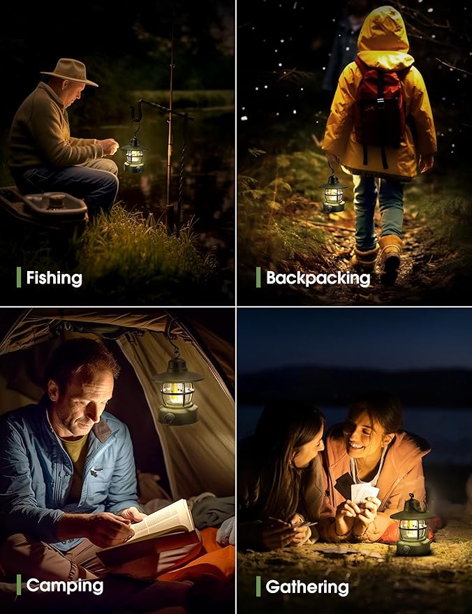 Camping Lantern Rechargeable Battery Powered 【2 Pack】, Camping Gear Must Haves, Camping Accessories, Retro Camping Light Waterproof Hanging LED Tent Lamp for Outdoor Hiking Fishing (Dark Green)