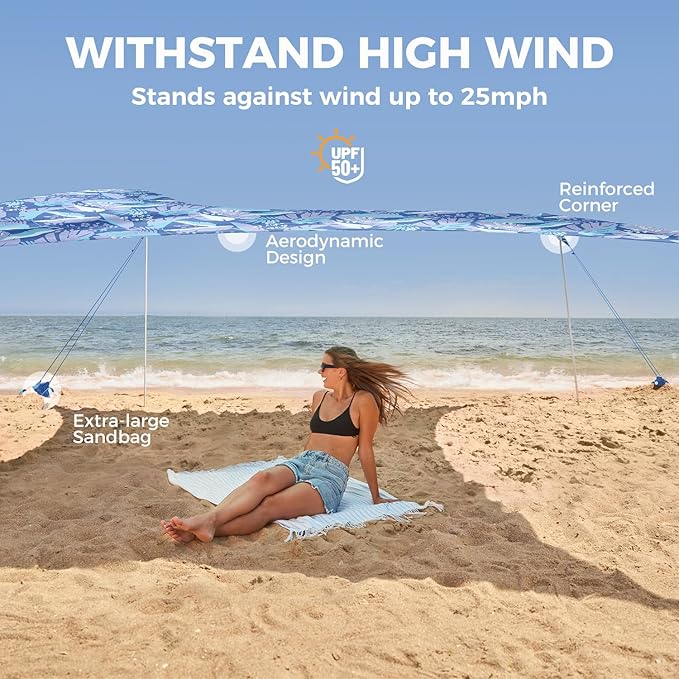 WEKAPO Beach Tent Sun Shelter - Easy Setup Beach Canopy with 4 Sturdy Poles, Large Sandbags and Shovel, 7'8'' Tall, Windproof Sun Shade for Backyard and Camping, UPF 50+ Protection