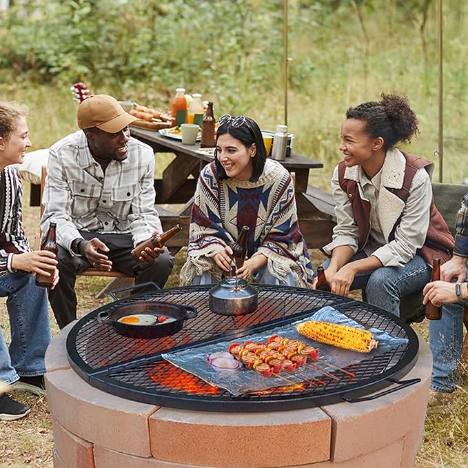 VEVOR Fire Pit Cooking Grill Grate 36 Inch, Foldable Round Cooking Rack, Heavy Duty X-Marks Campfire BBQ Grill with Portable Handle & Support Wire for Outdoor Picnic Party & Gathering, Black