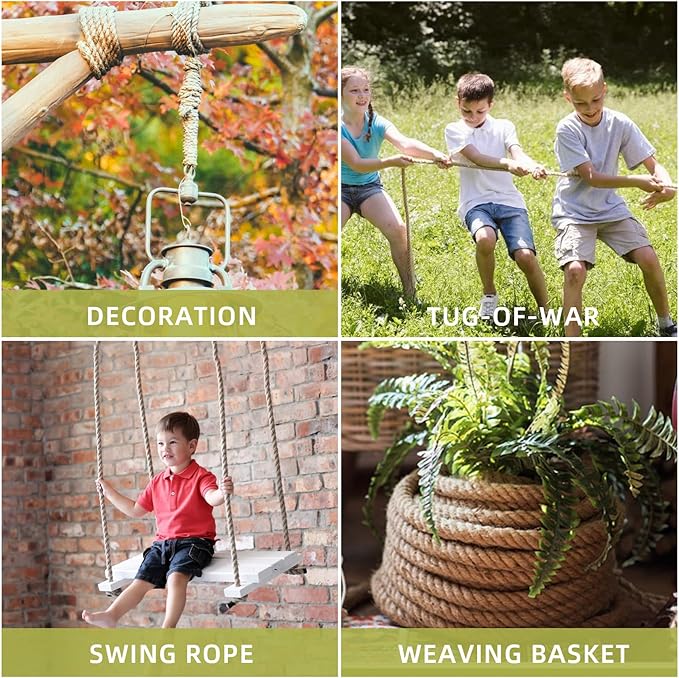 Jute Rope 2/5 Inch 100 Feet Hemp Rope for Deer, Heavy Duty, Twisted, Natural, Tug of War, for Crafts, Home Decorating Gardening Bundling