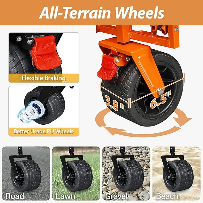 TAIFA Foldable Collapsible Wagons Cart with Extra Long Tailgate, Portable Beach Utility Wagon with Big Wheels and Brakes for Sand Shopping Camping Sports Outdoor, Black and Orange