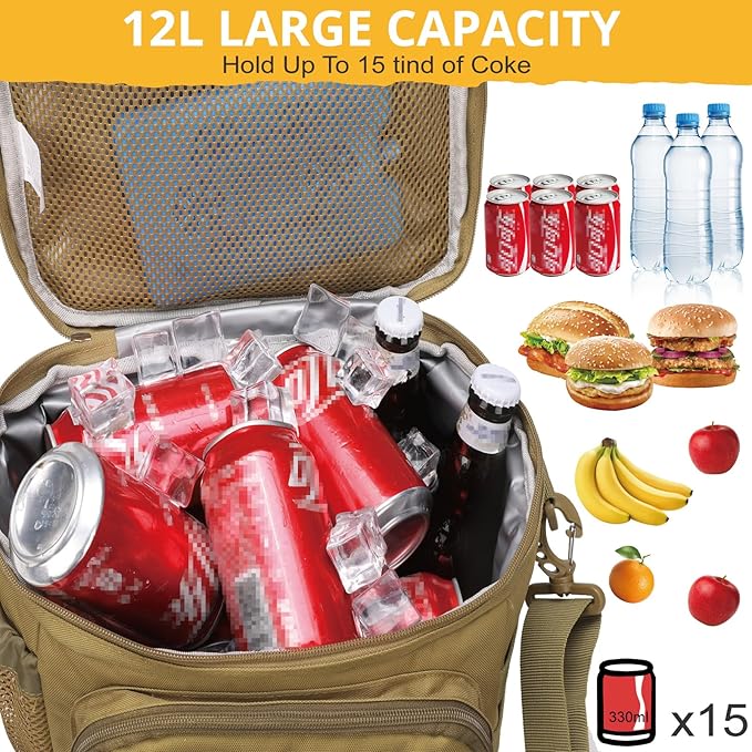 Tactical Lunch Box for Men, Insulated Lunch Bag MOLLE Webbing Leakproof, Cooler Large Lunchbox Women Adult with Adjustable Shoulder Strap Durable, Construction Heavy Duty Lunch Pail, Brown