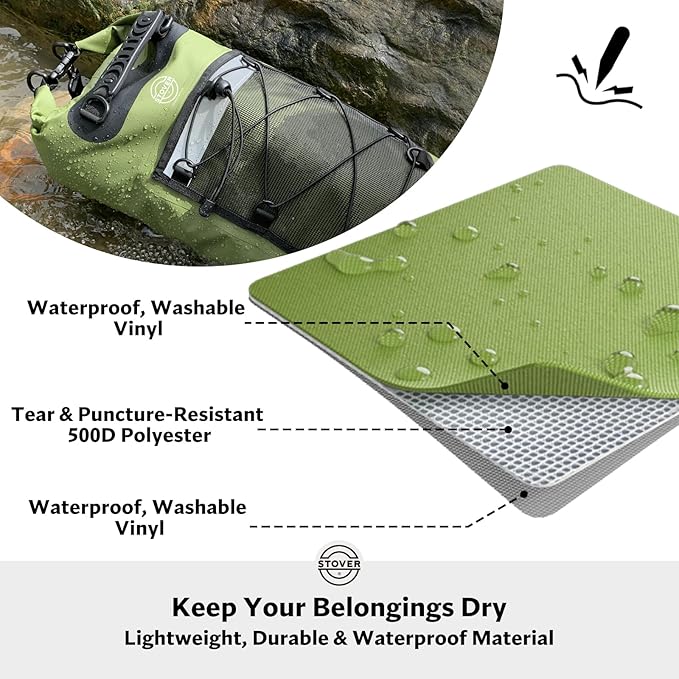 STOVER 5/10/25/30/40/55L Waterproof Dry Backpack- Medium Floating Dry Bag for Kayaking, Travel, Tubing, Hiking, Fishing, Camping, Motorcycles & the Beach, Heavy-Duty Roll Top Men/Women (Green)