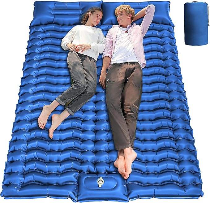 Double Sleeping Pad for Camping, Self Inflating 4" Extra-Thick Camping Mattress Pad 2 Person with Pillow, Built-in Foot Pump, Ultralight Camping Bed Mat for Backpacking Hiking Traveling Tent