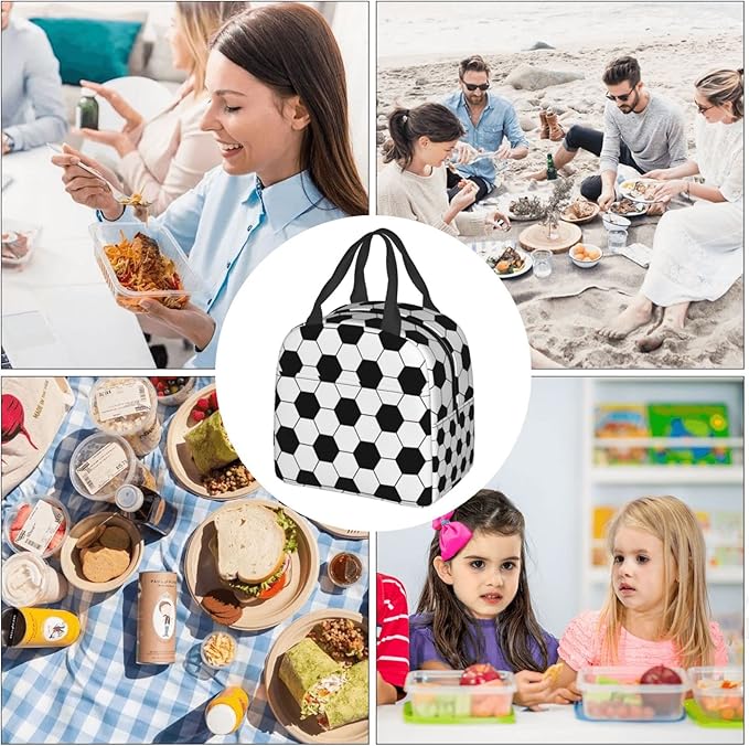 VOOHDDY Football Soccer Ball Black White Insulated Lunch Bag For Men Women Reusable Lunch Box Container Waterproof Portable Cooler Thermal Tote Bag For Work Office Picnic Beach Travel