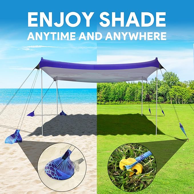 Beach Tent Sun Shelter, 10 x 10 FT Beach Canopy Tent Sun Shade, UPF50+ Beach Tent Canopy with 8 Sandbags & 4 Stability Poles, Outdoor Beach Tent for Beach Camping Fishing, Turtle