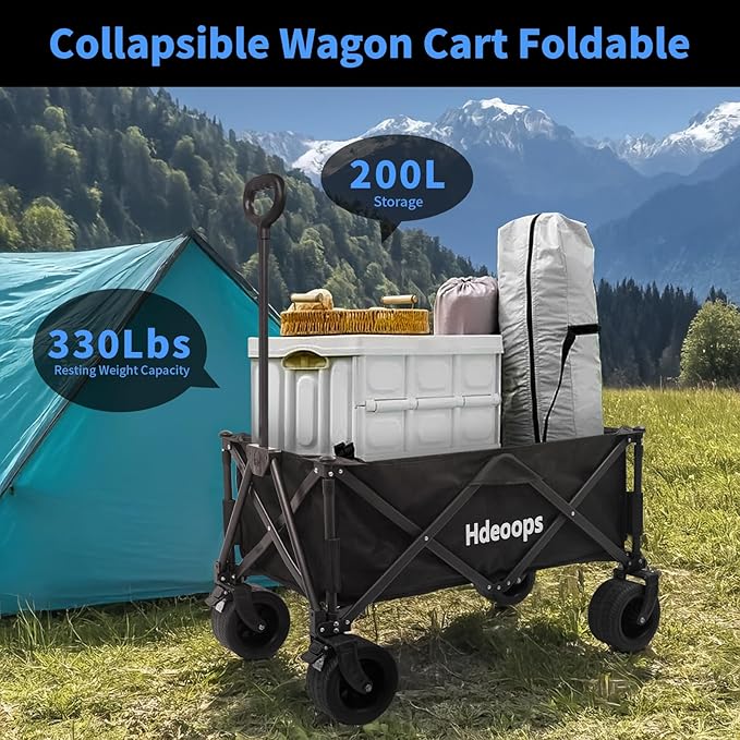 Collapsible Wagon Cart Foldable with Big All-Terrain Beach Wheels, Heavy Duty Folding Utility Wagon, 330lbs Weight Capacity Garden Cart for Shopping, Camping, Gardening, Sports Travel and Beach